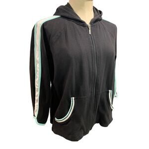 XL Gloria Vanderbilt Sport Womens Black Hoodie Shirt Full Zip Retro Trim